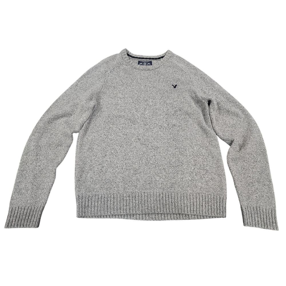 American Eagle Men’s Sweater L Gray Crewneck Elbow Patch Preppy Classic